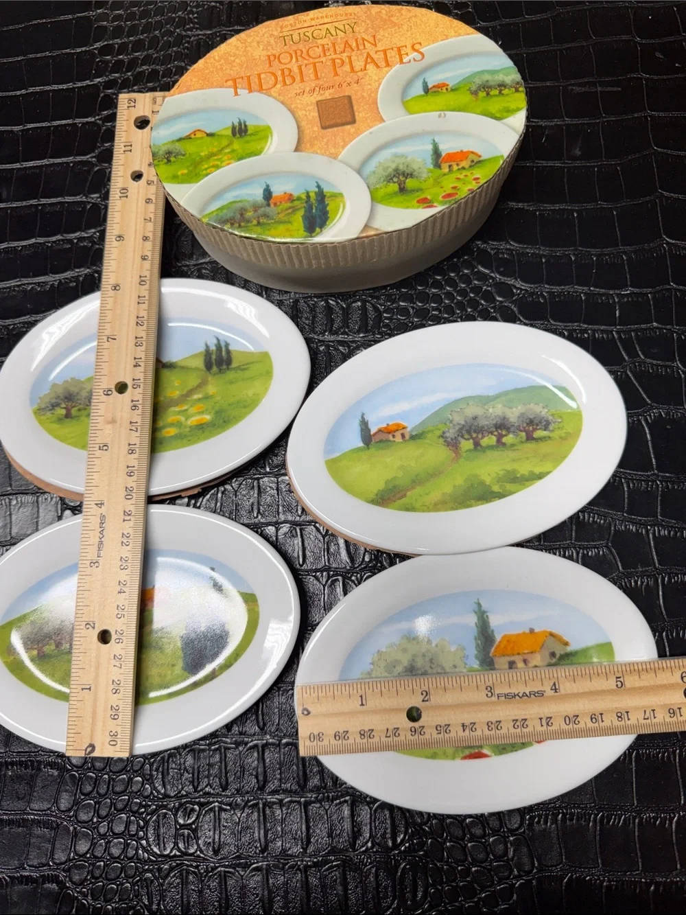 Boston Warehouse White Porcelain Tidbit Plates with Green & Orange Scenic Motif